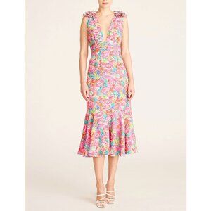 $548 NWOT Amur Womens 3D Flowers Below Knee Deep V Neck Floral Midi Dress 4